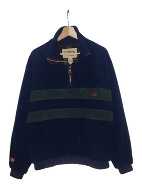 Tourney Windshirt Mens Large Navy Blue Green Stripe Fleece Quarter Zip Pullover